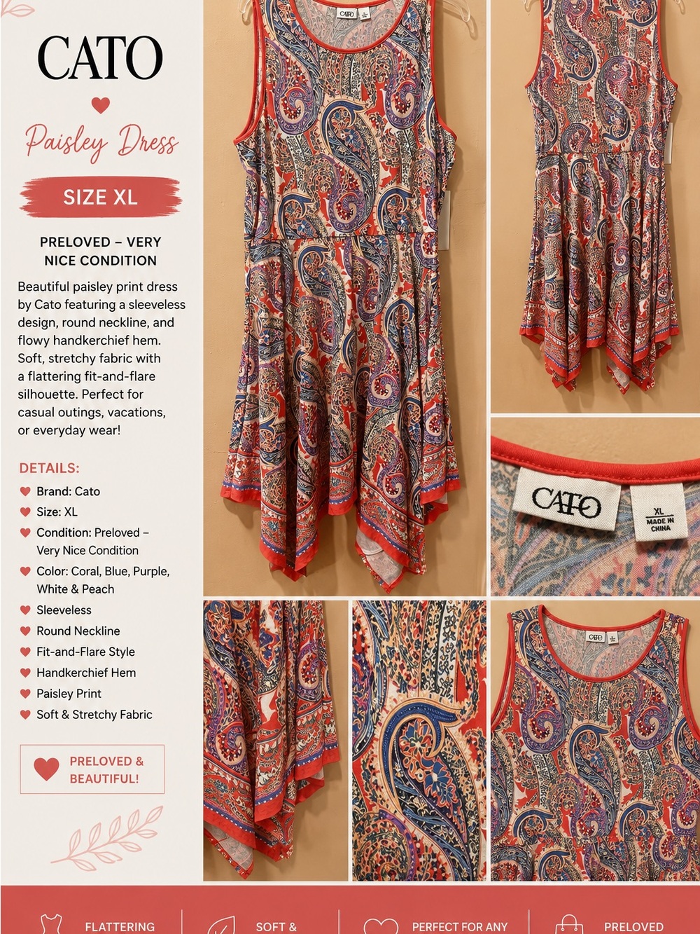 Cato Womens Coral & Blue Paisley Handkerchief Dress